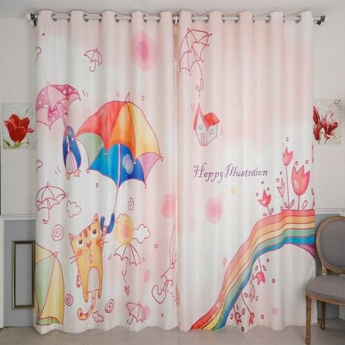 Custom Made 2x Grommet Drapery Curtain Nursery Kid Children Room Window Dressing Tulle 200 x 260cm Cat Umbrella Rainbow Happy