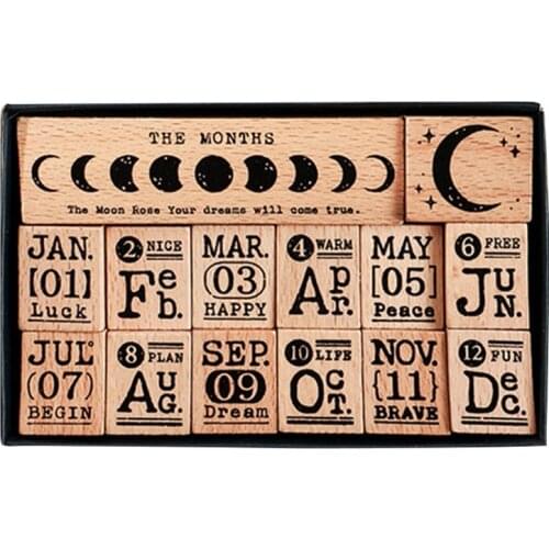 X7XD 14Pcs Vintage Months Moon Phase Wooden Rubber Stamp for Scrapbooking DIY Craft