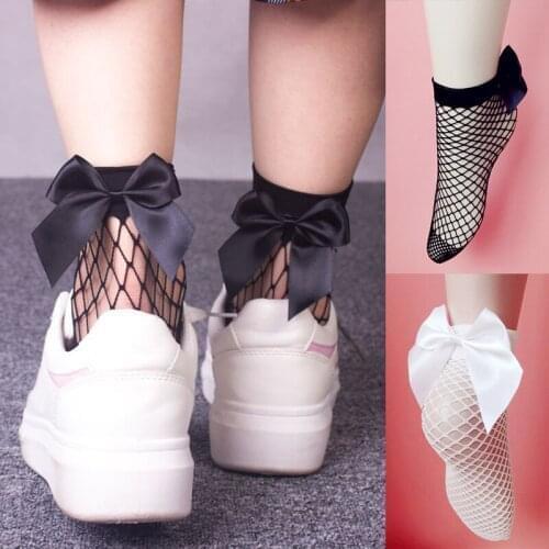 1Pair Women Black Bow Mesh Socks Parent-child Fishnet Ankle Socks for Girls High Lace Fish Net Vintage Short Sock One Size