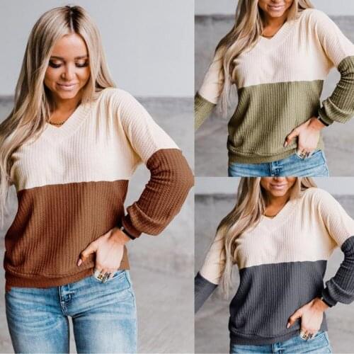 2021 Autumn And Winter V-Neck Color-Block Sweater Tops Ladies Casual Color Contrast Knitted Pullover Women Sweaters Pull Femme