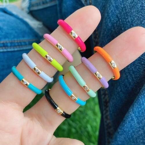 10Pcs Latest Ladies Summer gold plated micro pave ring, rainbow color enamel ring jewelry for gift