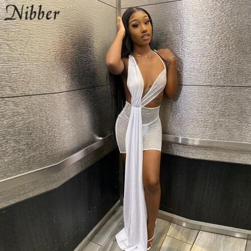 Nibber Y2k Sexy Irregular Shiny Prom Dress Women Mesh Backless Long Tassel Bodycon Mini Dress Summer 2021 Party Clubwear
