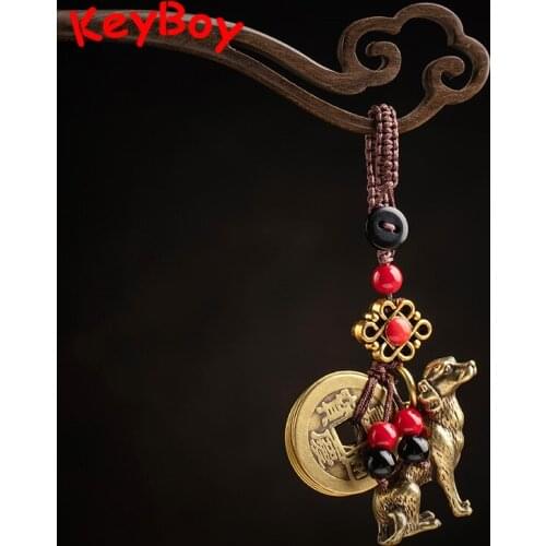 Brass Zodiac Dog Figurines Pendant for Keychain Handmade Woven Rope Feng Shui Lanyard Hanging Jewelry Ancient Five Emperors Coin