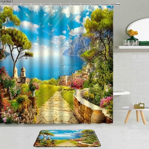 2Pcs Ocean Flowers Forest Mountains Shower Curtain Waterfall Wooden Bridge Oil Painting Landscape Bathroom Non-Slip Bath Mat Set