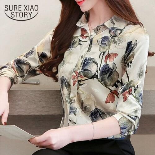 2020 Autumn Fashion Silk Shirts Women Blouses Long Sleeve Shirt Women Tops Rose Floral Print Blouse Plus Size S-4XL Blusas 10725