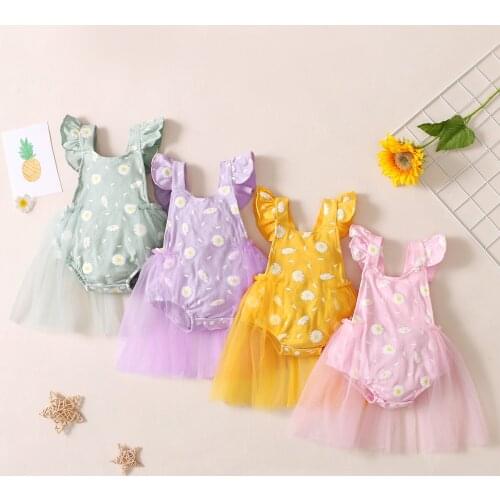 2021-04-01 Lioraitiin 0-18M Newborn Infant Baby Girl Summer Romper Off Shoulder Lace Patchwork Floral Printed Jumpsuit 4Styles
