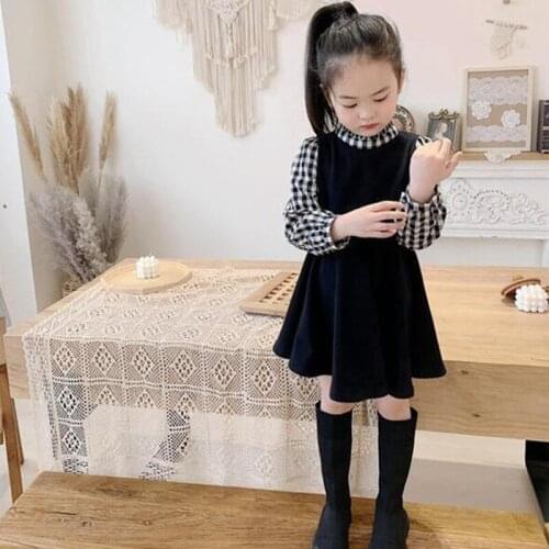 2021 Spring New Arrival Children Dress Kids Clothes Fashion 100% Cotton Long Sleeve Patchwork Plaid Dress Kids Party Dress 2-7T