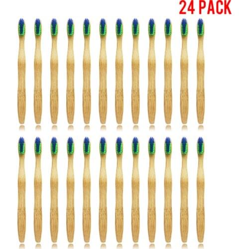 24 Pack Bamboo Toothbrush Wood Toothbrush soft-bristle Waved Style Blue&Green Adult Toothbrush