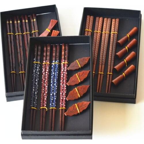 8PCS Tableware set Housewarming Gift Pack 4 Chopsticks Reusable Holders Handmade Natural Wood Chopsticks Set Chinese Chopsticks