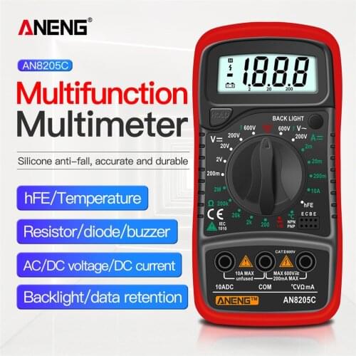 AN8205C Digital Multimeter AC/DC Ammeter Volt Ohm Tester Meter Multimetro with Thermocouple LCD Backlight Portable