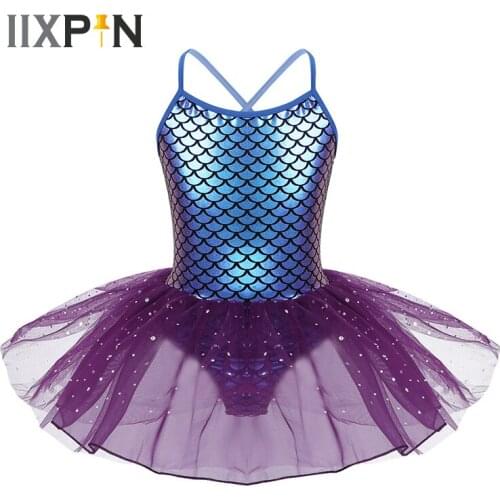 Girls Ballet Tutu Dress Glitter Mermaid Costume Spaghetti Shoulder Straps Scales Pattern Printed Ballet Dance Gymnastics Leotard