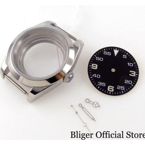 BLIGER Polished Men 39mm Automatic Watch Case fit NH35A NH36A Seeing Glass Back Sterile Black Dial Luminous Hand Sapphire