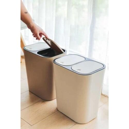 Kitchen Office Toilets Flip Trash Can Wastebasket Wet and Dry 15L Double Cover Classification Bucket Household Push-type Plastic