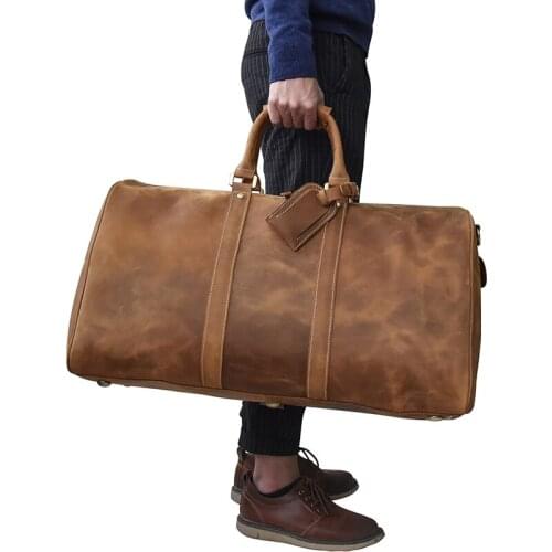 POOLOOS Crazy Horse Leather Travel Luggage Bag 20 to 24 inch Leather Travel Duffle Bag Vintage weekender bags of male men bags