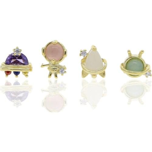 Set of 4 Pieces Outer Space Design 100% 925 Sterling Silver Minimal Small Stud Stone Earring