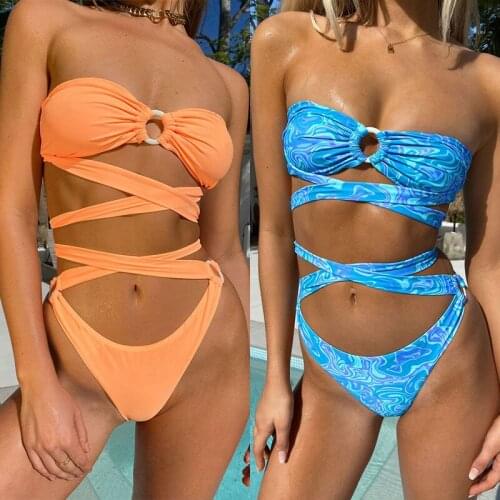 2021 new swimsuit multicolor ring strap sexy swimwear split bikinis Set Solid Push Up Beach Bathing Suit Swim Wear Female