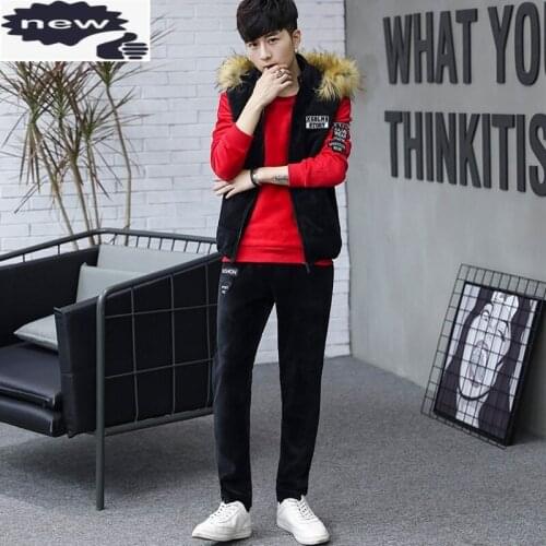 New Mens Sportswear Fashion Sports Suit Autumn Winter Warm Casual Pullover Sweatshirt Hooded Vest Pants Three Piece Set