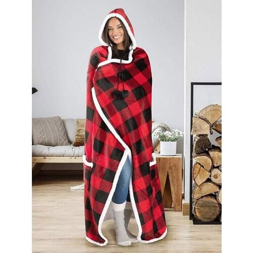 Hooded Lazy Blanket Thicken And Longer Warm Jacket Red And Black Plaid Printed Casual Blanket Christmas Home Service Polite