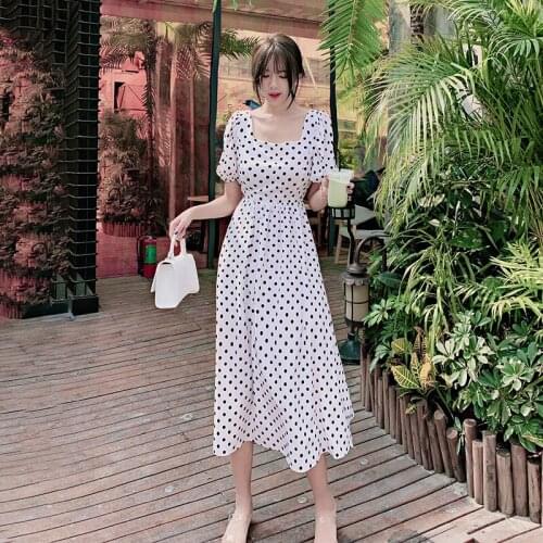 Dresses for Women 2021 Summer Square Collar Puff Short Sleeve Midi Dress Wave Point Black and White Backless Pullover Dress