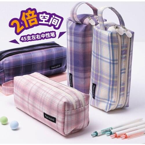 Striped Canvas Pencil Case Japanese JK Double-layer Pencil Bag Large Capacity Pink Stationery Storage Bag Pencil Box