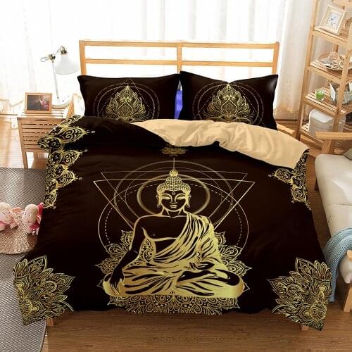 Religion Buddhist Culture Bedding Set Queen King Size Buddha Statue Duvet Cover Set Golden Bed Set Black Home Custom Quilt Cover