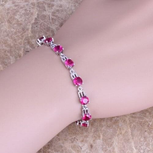 Pleasant Red Cubic Zirconia Silver Plated Link Chain Bracelet 6 - 7.5 inch S0381