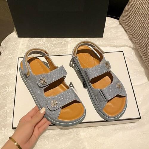 Camellia buckle denim sandals women double band flat jeans sandalias brand designer plaid sandales back hook summer shoes woman