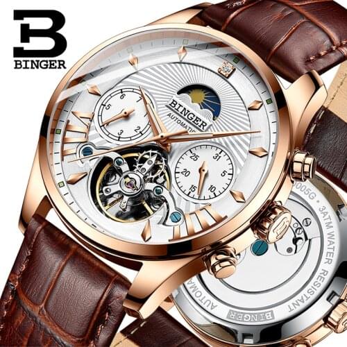 Switzerland BINGER Brand Mens Automatic Business WristWatch Chronograph Sapphire Japan Mechanical Skeleton Moon Phase Relogio