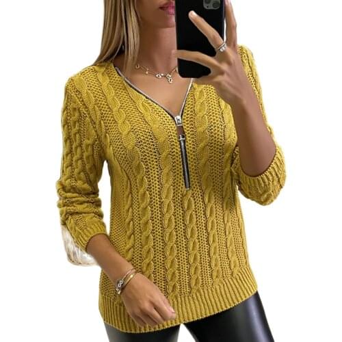 Elegant Solid Women Sweaters New Autumn Winter V Neck Zipper Decor Long Sleeve Pullover Knitted Sweater Casual Loose Warm Jumper