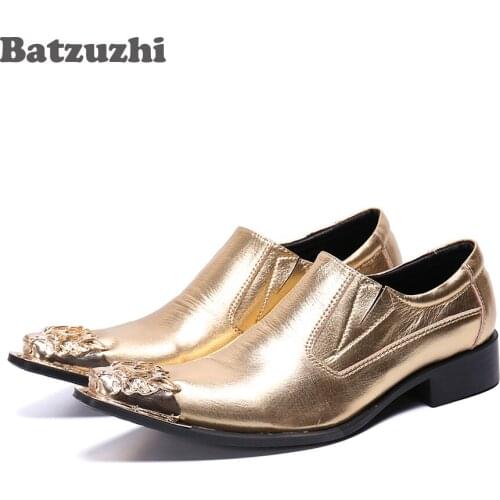 Batzuzhi British Type Men Shoes Pointed Gold Metal Cap Leather Dress Shoes Slip on Gold Party & Wedding Shoes Men Business