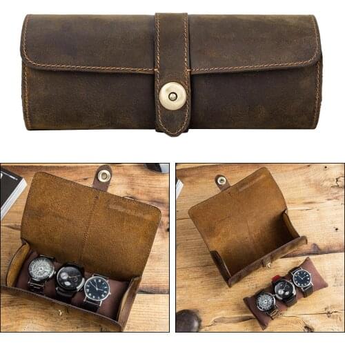 Vintage Handmade Watch Roll Jewelry Storage Pouch Organizer for Travel 3 Slot Watch Roll Display Box Retro Cow Leather