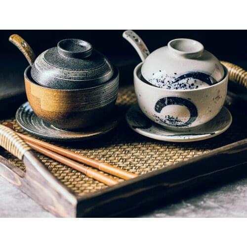 Japanese soup bowl pottery stew with lid spoon bottom dish set dining room restaurant mini pot small soup dessert cup tableware