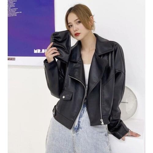 Spring Black Beige Coffee color Women Faux PU Leather Coat Streetwear Plus size Lapel Long sleeve Female Short Biker Jackets