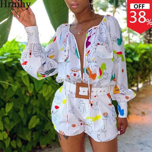 Long Sleeve Short Jumpsuit Graffiti Print Casual Vneck Sexy Lace Up Ropa Mujer Streetwear Elastic Waist Plus Size Jumpsuit Women