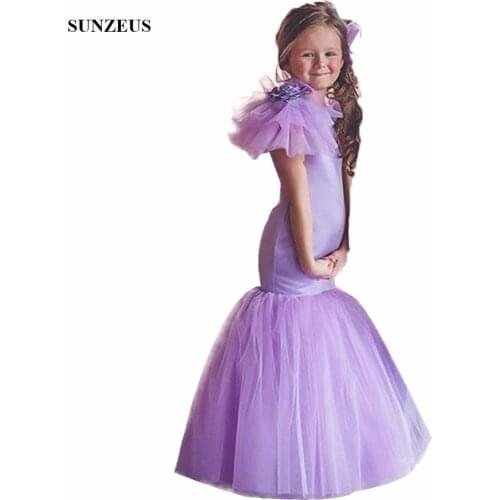 Purple Mermaid Flower Girl Dress Tank Sleeveless Long Satin Wedding Party Gowns With Big Flowers On Shoulder FLG062
