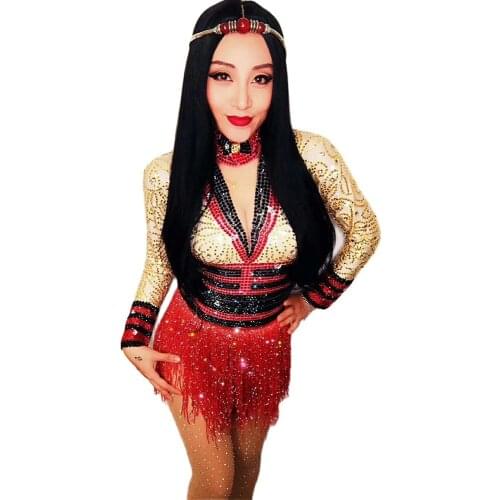 Long Sleeve Women Sparkly Diamonds Dress Red Shining Tassel Dress Nightclub Singer Dancer Wear Stage Performance Costumes
