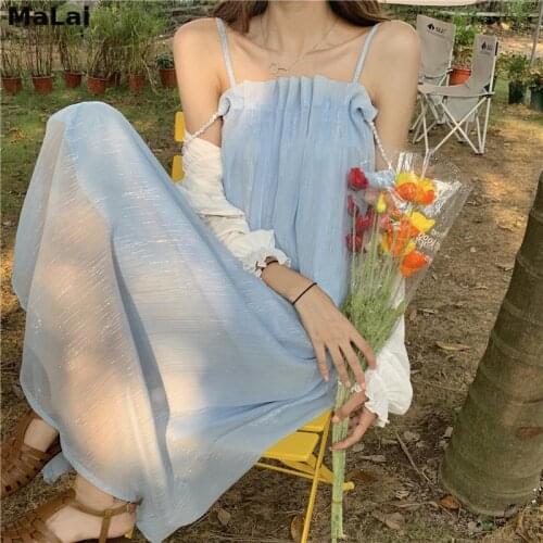 2021 Summer Midi Dress Boho Sweet Beach Women Elegant Vintage Pure Color Strap Dress Female Party One Piece Dress Korean Chic