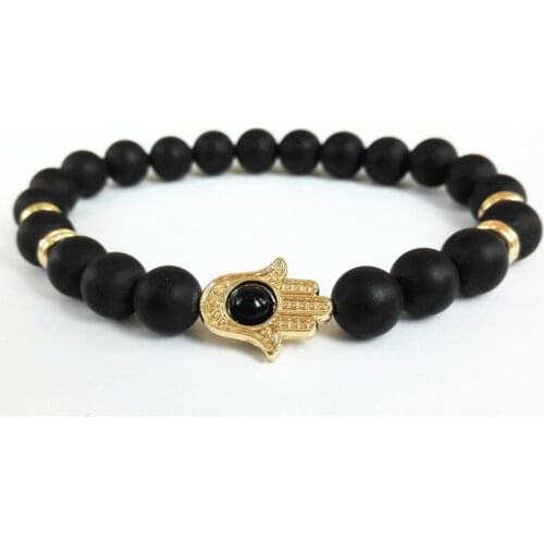 Gold Hamsa Hand Charms Bracelet Yoga Mala Bracelets Nature 8mm Black Matte Onyx Energy Yoga Stone Beads Bracelets