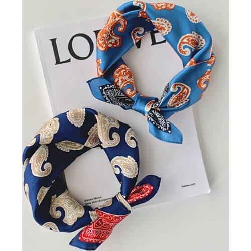 Luna&Dolphin Women Small Square Scarves 53x53cm 100% Real Silk Blue Cashew Flower Bandanas Suit Decoration Headbands Kerchief