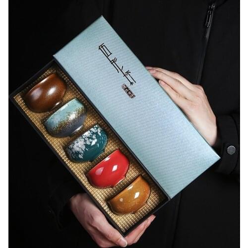 Chinese style kiln variable Tea cup set with gift box, ceramic Kung Fu tea set, single cup, master cup, personal cup teaware