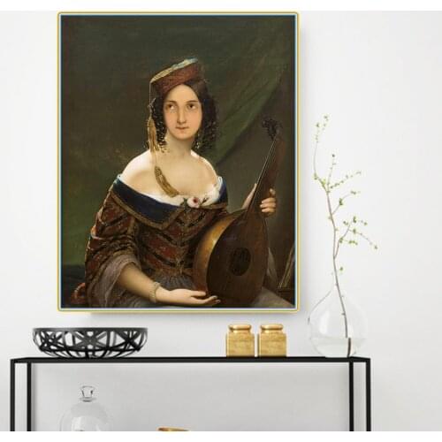 Citon Friedrich von Amerling《Yong Lady with Lute》Canvas Oil Painting Artwork Poster Picture Modern Wall Decor Home Decoration