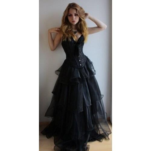 Long Black Gothic Corset Prom Dresses 2016 Sweetheart Neckline Steampunk Corset Dress
