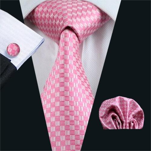 31 Colors Gents Necktie Pink Plaid 100% Silk Jacquard Tie Hanky Cufflinks Set Business Party Wedding Ties For Men Free Shipping
