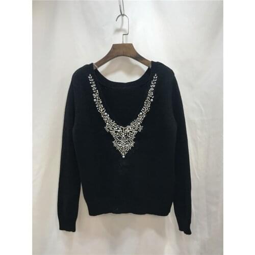 Women Hand Made Cystal Beading Cashmere Knitting Sweater 2019 New V-collar Fashion Long Sleeve Wool Pullover Sweaters