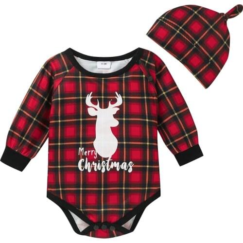 Infant Baby Girls Boys Casual Long Sleeve Romper Cartoon Elk Letter Plaid Print Triangle Jumpsuits with Cap