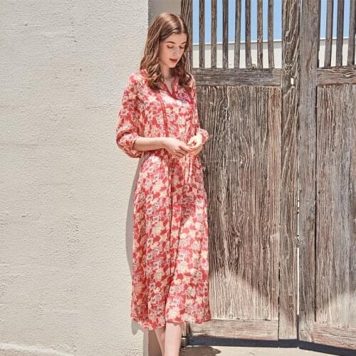 Red retro chiffon silk floral maxi dress women femme 2020 summer long work boho beach office sexy party luxury dresses plus size