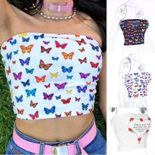 Summer Women Butterfly Print Wrapped Chest Boob Tube Transgender Undershirt Strapless Short Tube Tops Girl Crop Top