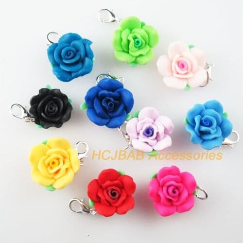 Fashion 10Pcs Mixed Fimo Clay Rose Charms Silver Plated With Clasps 20mm
