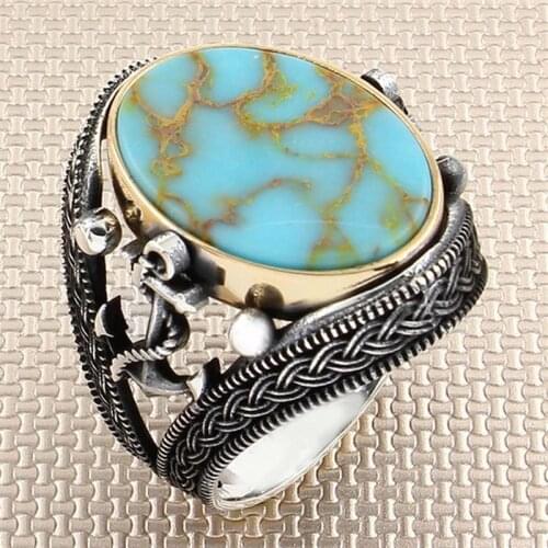 Real Pure 925 Sterling Silver Ring Men With Stone Turquoise Gemstone Gift For Him Mens Rings Handmade - Turkish Jewelry
