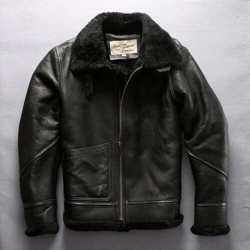 Avirex fly Mens real sheep shearing fur coat air force flight jacket winter genuine leather jacket for male sheepskin coat men